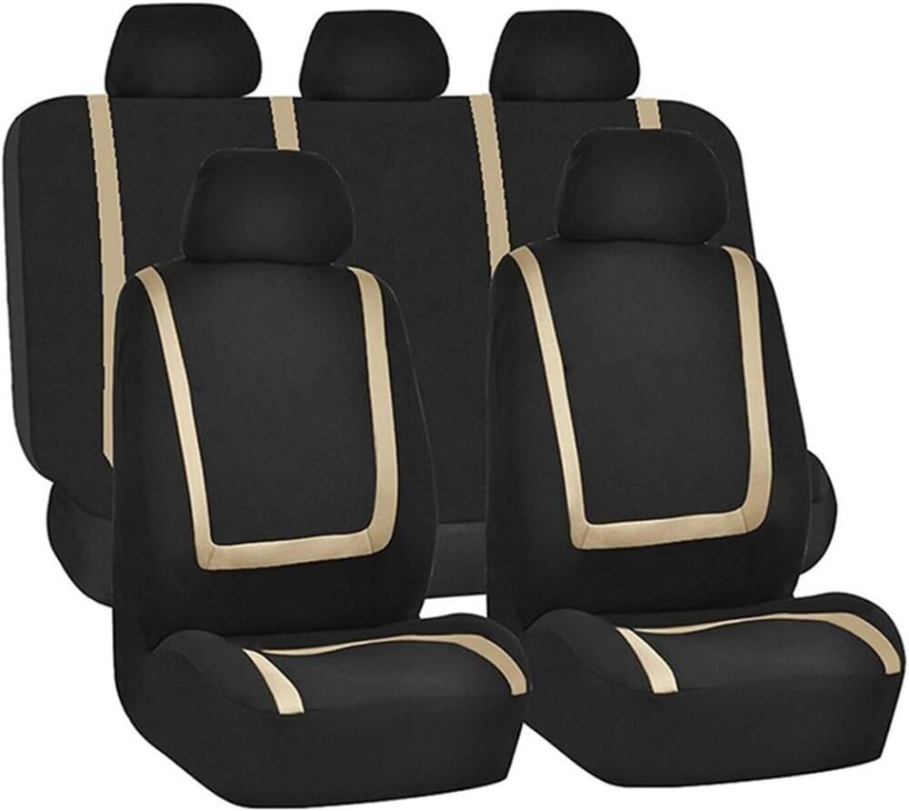 Car Seat Covers Full Set, Breathable Premium Cloth Automotive Seat Cover, Universal Front and Rear Seat Covers, Easy to Install Car Accessories for Most Cars Trucks SUV (Beige)