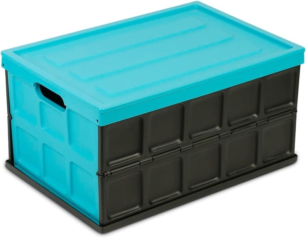 Collapsible Storage Bin with Lid - 48L Foldable Plastic Box for Garage, Car Trunk, and Organization - Stackable Lidded Container with Handles, Turquoise