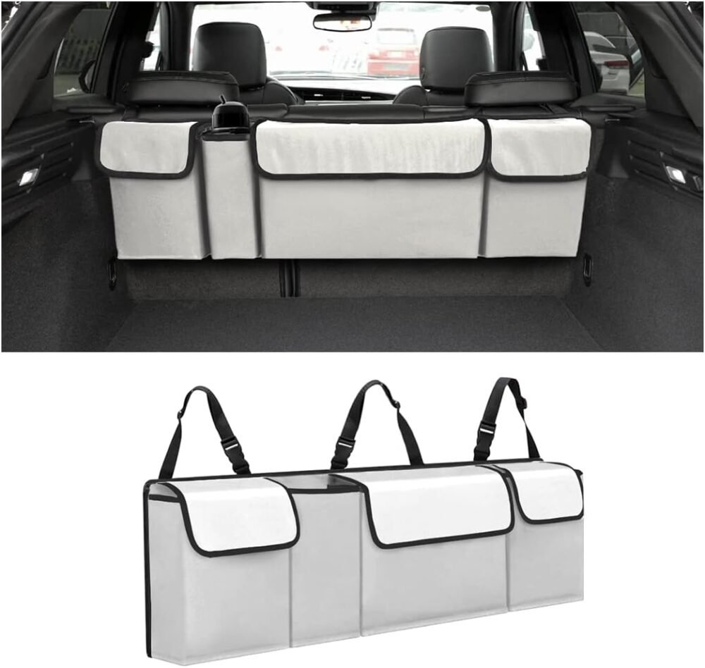 Car Trunk Organizer, Backseat Hanging Large Storage with Adjustable Straps, Waterproof Collapsible Cargo Bag with 4 Pockets, Sturdy Space Saver Frees Trunk Floor for SUV, Truck, MPV