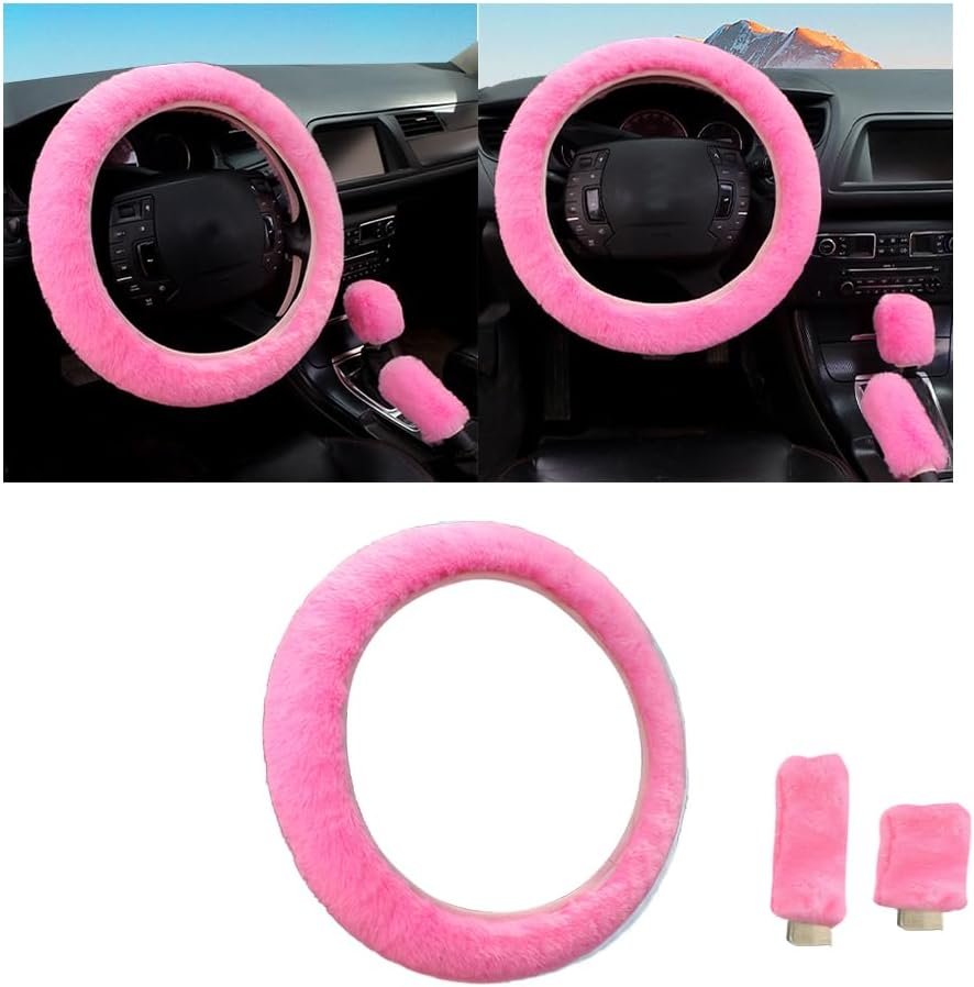 3 Pieces Car Steering Wheel Cover Anti-Slip, Universal Plush Telescopic Steering Wheel Protector, Universal Plush Telescopic Steering Wheel Protection, Warm Steering Wheel Cover, Handbrake