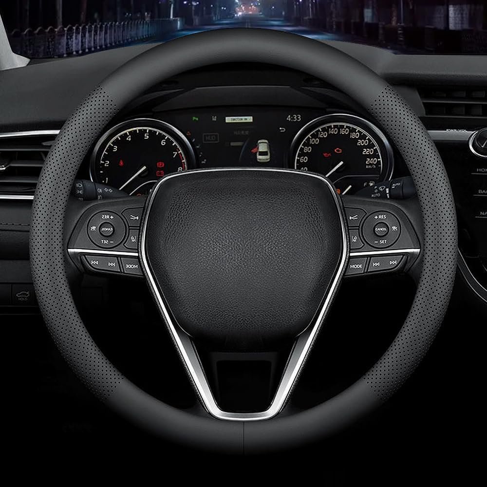 Premium Leather car Steering Wheel Cover, Non-Slip, Breathable, Universal 15 inches, Black.