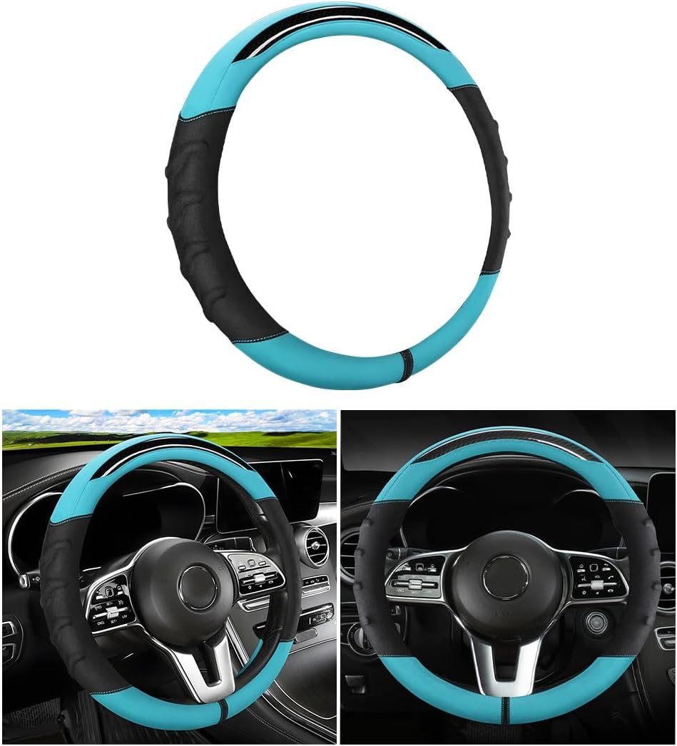 Microfibre Faux Leather Steering Wheel Cover, Universal Car Steering Wheel Cover, Made of Faux Leather, Universal, Sweat-Absorbing, Breathable Car Steering Wheel Covers (Black Cyan)