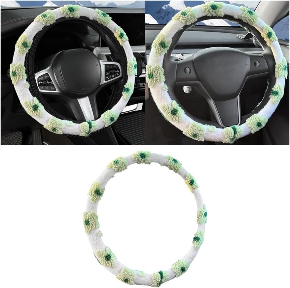 Flower Plush Winter Car Steering Wheel Cover, Soft Car Steering Wheel Cover, Car Non-Slip Breathable Steering Wheel Cover, Universal Interior Decorative Accessory for Automotives (Green)