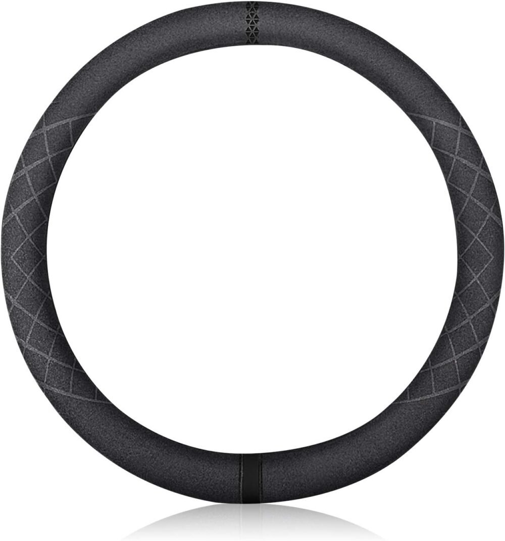 Sport Microfiber Suede Velvet Car Steering Wheel Cover Non-Slip Car Steering Wheel Protector Winter Warm Universal for Diameter 38cm(15") (Black)