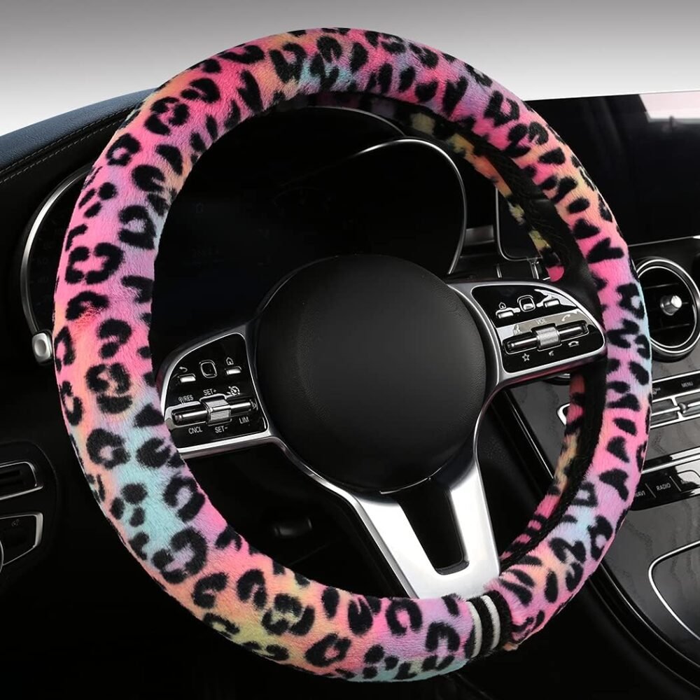 Cheetah Print Steering Wheel Cover,Fuzzy Leopard Veins,Anti-Slip,Breathable,Universal 15.2",Colorful (Plush-Leo)
