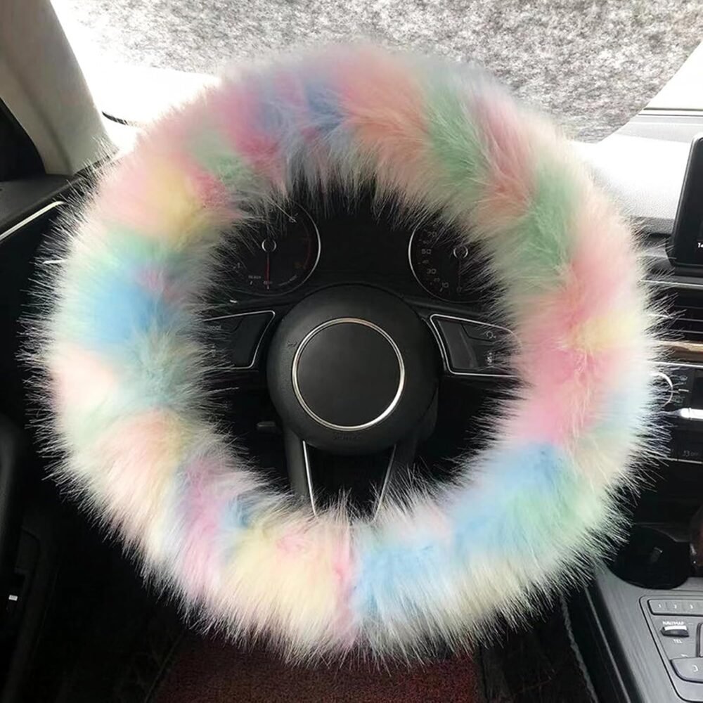 1 PC Plush Car Steering Wheel Warmer Cover, Furry Fluffy Steering Wheel Protector, Fashionable and Cute Car Decoration, Universal for Most Car Steering Wheels (Multicolored)