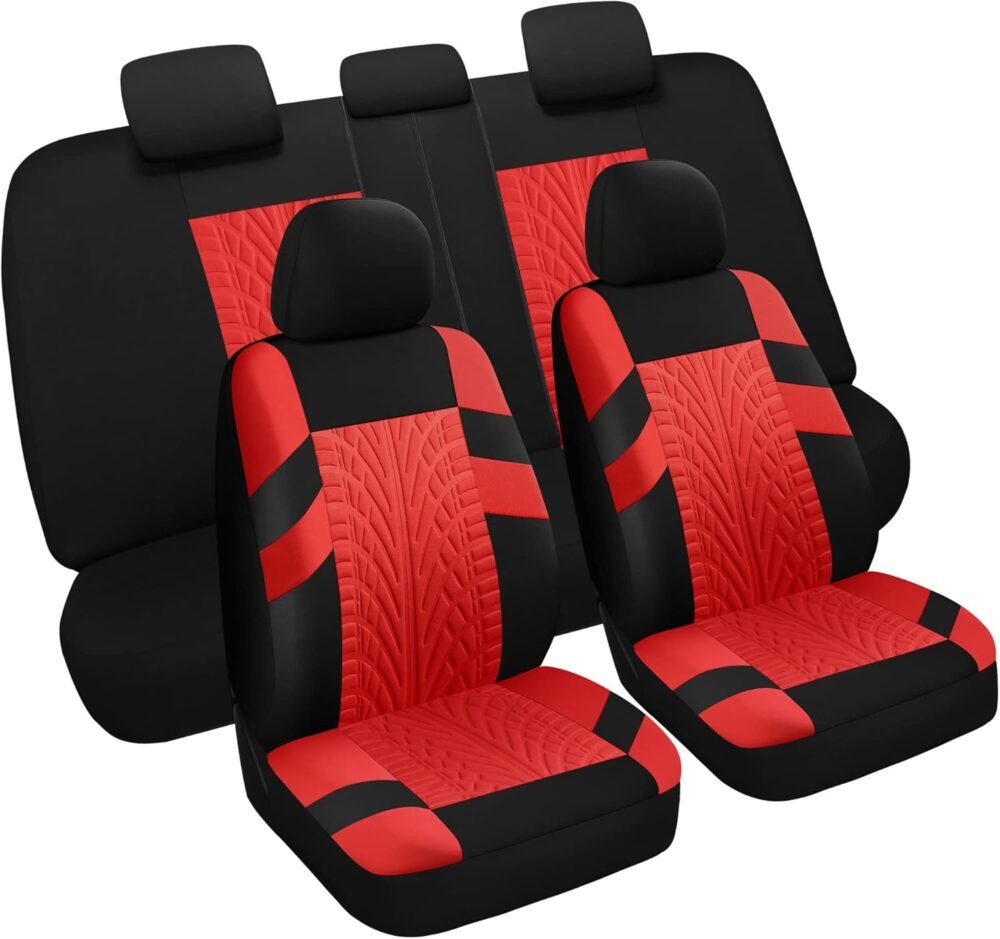 Car Seat Covers Full Set, Washable and Breathable Premium Cloth Automotive Vehicle Seat Cover for Car Interior, Universal Fit for Most Cars, Sedan, Truck, SUV(Black/Red)
