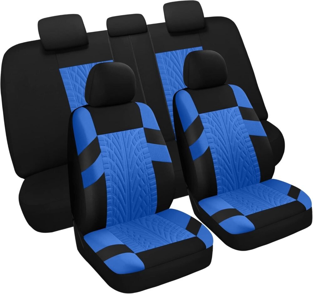 Car Seat Covers Full Set, Washable and Breathable Premium Cloth Automotive Vehicle Seat Cover for Car Interior, Universal Fit for Most Cars, Sedan, Truck, SUV(Black/Blue)
