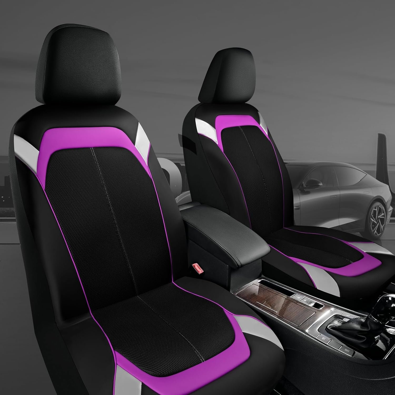 Car Seat Cover – Silver & Purple Leather with Breathable Mesh Seat Cover for Cars, Stylish Two-Tone Leather Full Set Seat Covers, Universal Fit, Durable for SUV, Truck, Sedan, Vehicles - Image 2
