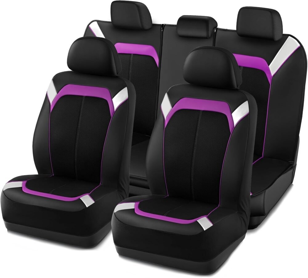 Car Seat Cover – Silver & Purple Leather with Breathable Mesh Seat Cover for Cars, Stylish Two-Tone Leather Full Set Seat Covers, Universal Fit, Durable for SUV, Truck, Sedan, Vehicles