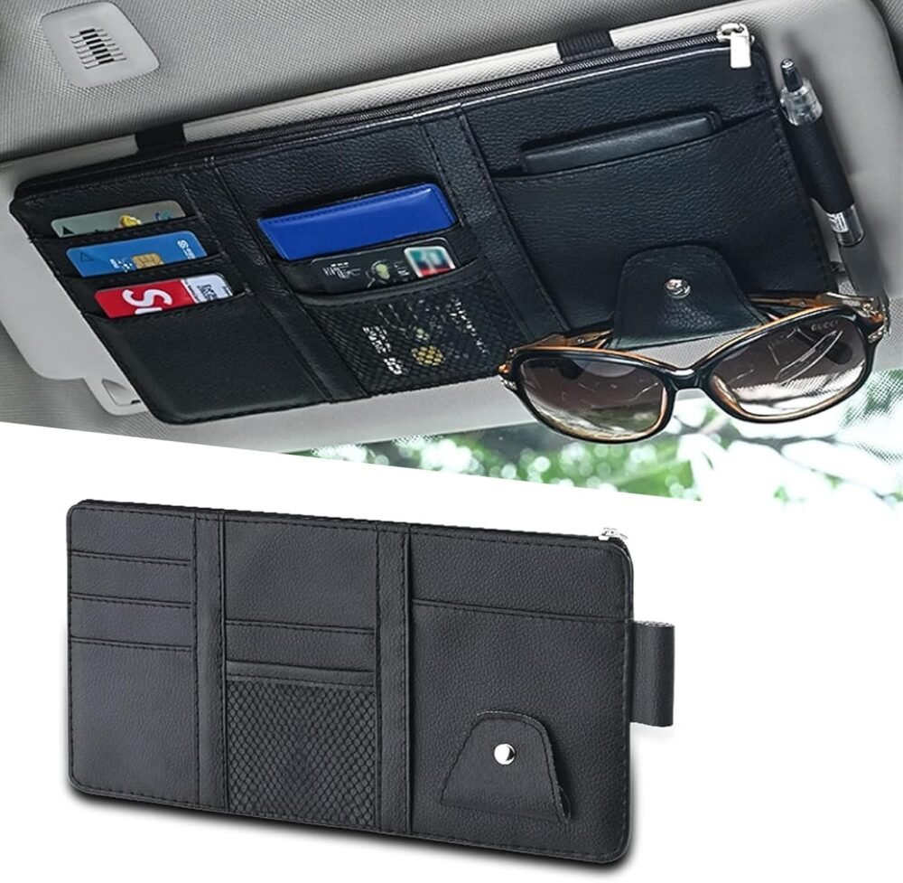 1 PC Car Sun Visor Clip for License ID Card Storage, 11.4" x 5.9" Leather Sunglasses Pocket Holders with Zippers, Universal Multi-Functional Automotive Ticket Bag for Cars SUVs (Black)