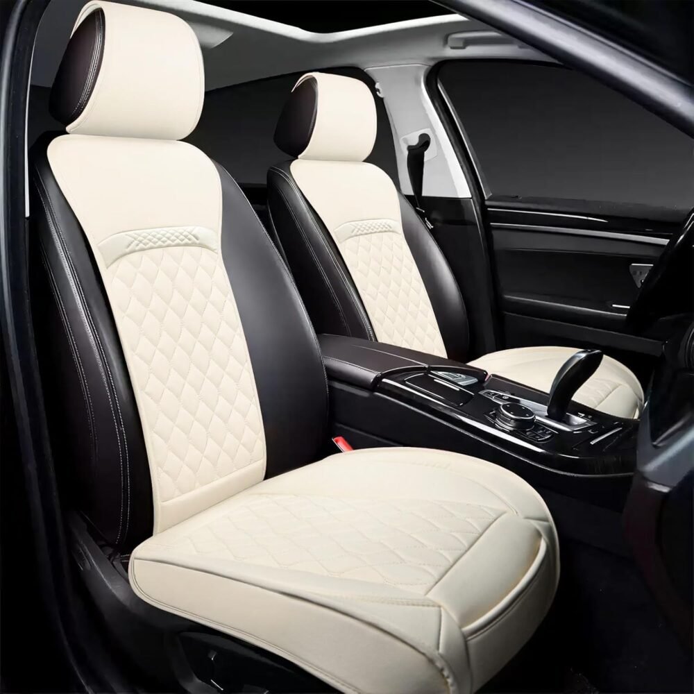 2PCS Leather Car Seat Covers Front – Universal Fit for Sedan, SUV, Van, Waterproof PU Leather, Airbag Compatible, Anti-Slip Backing, Easy Install with Storage Pocket (Off-White)