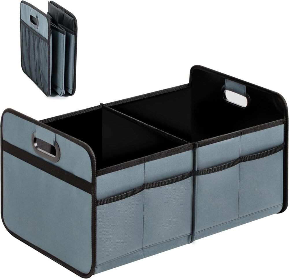 Trunk Organizer for Car/SUV/Truck, Collapsible 2 Compartment Automotive Storage Box, 600D Waterproof Oxford Polyester 50L Travel Accessories, Anti-slip & Leak-proof, Grey-Green