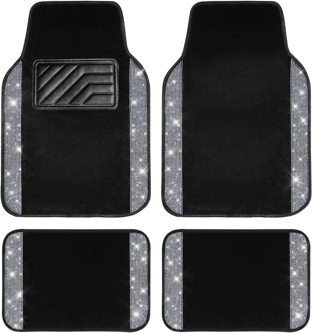 Car Floor Mats, Shining Rhinestone Carpet Sparkly Glitter Crystal with Anti-Slip PVC Heel Pad Waterproof Universal Fit Automotive SUV,Sedan,Van,Cute Girl Women,4pcs Black Sliver