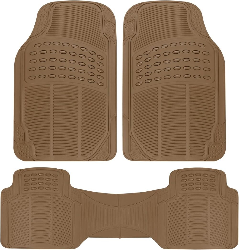 Floor Mats for Cars Trucks SUV, 3-Piece All-Weather Car Mats with Universal Fit Design, Durable Car Floor Mats with Capture Ridges, Waterproof Rubber Floor Mats for Cars (Beige)