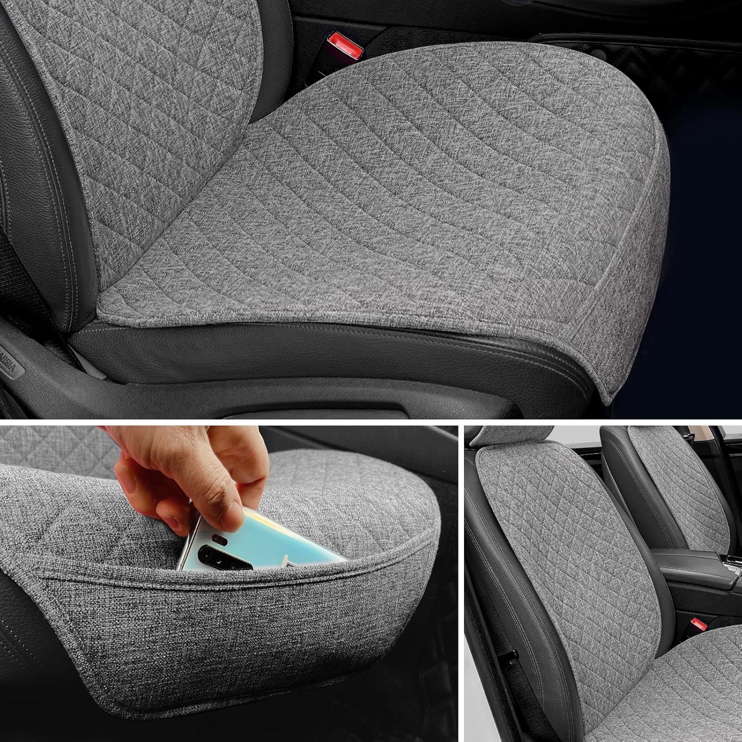 Linen Car Seat Covers Front Seat Covers Breathable Cloth Fabric Car Seat Protector - Universal Fit for Cars, Vans, SUVs, Trucks - 2 Units - Gray - Image 2
