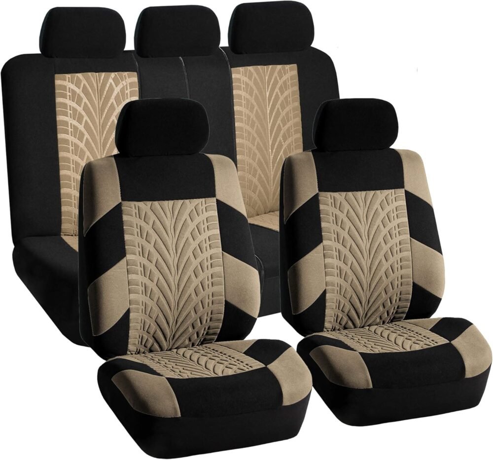 Car Seat Covers Full Set Premium Cloth - Universal Fit, Automotive, Low Back Front Washable Seat Covers, Airbag Compatible, Split Bench Rear Seat for SUV, Sedan Beige