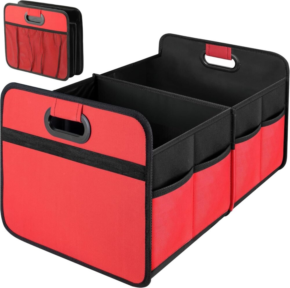 Car Trunk Organizer, 2 Compartments Collapsible Trunk Storage, Anti-slip Design, Made of Waterproof 600D Oxford Polyester, Suitable for SUV, Minivan, Truck, Standard Size, Red