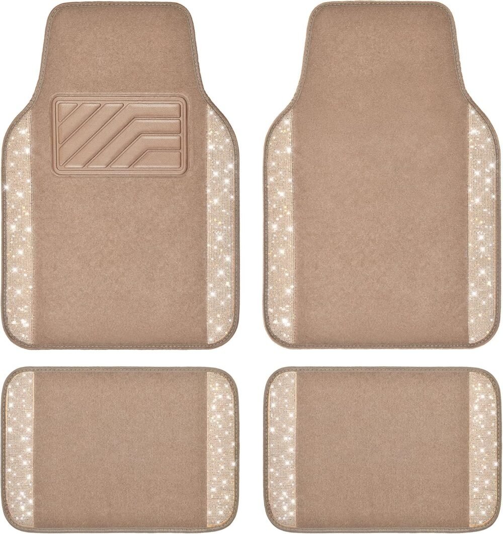 Car Mats Shining Diamond Carpet Crystal Rhinestones Sparkly Glitter Floor Mats with Anti-Slip PVC Heel Pad Universal Fit for Automotive SUV, Sedan, Car, Van, 4pcs for Girl Women, Beige