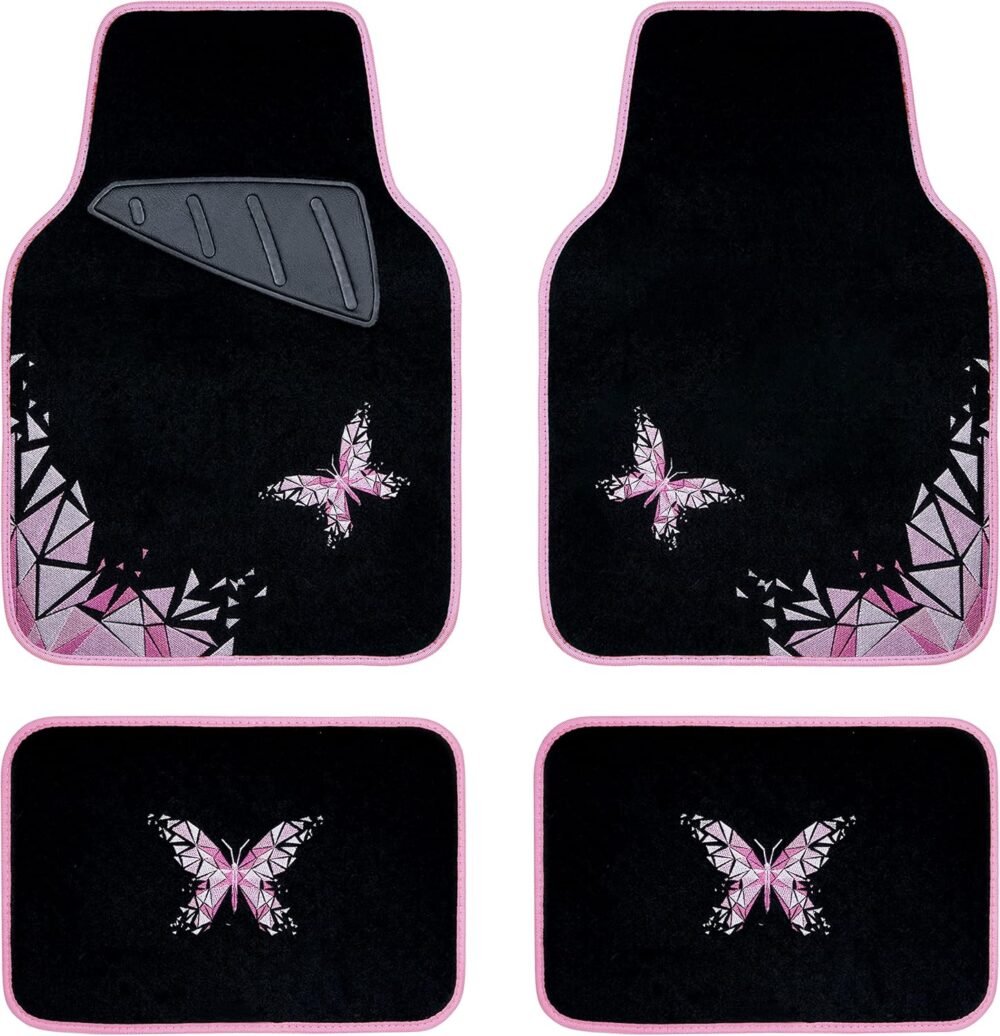 Universal Embroidery Geometric Butterfly Car Floor Mats with Heel Pad -Waterproof -Anti Slip Nibs, Pink Car Floor Mats Fit 95% Automotive,SUVS,Sedan,Vans,for Women,Girly (Pink Butterflies)